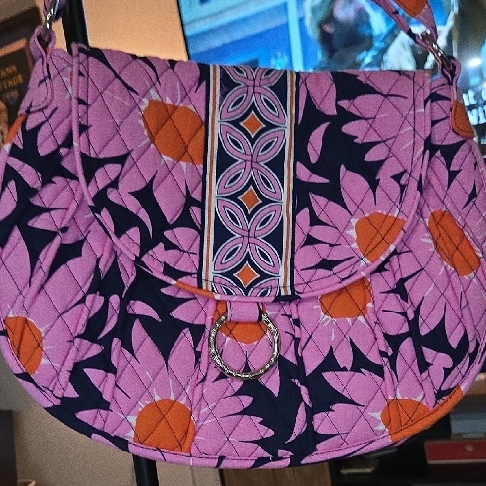 Vera Bradley Loves Me Pink Daisy Saddle Up Cross Body Shoulder Bag Orange Navy - Picture 4 of 10